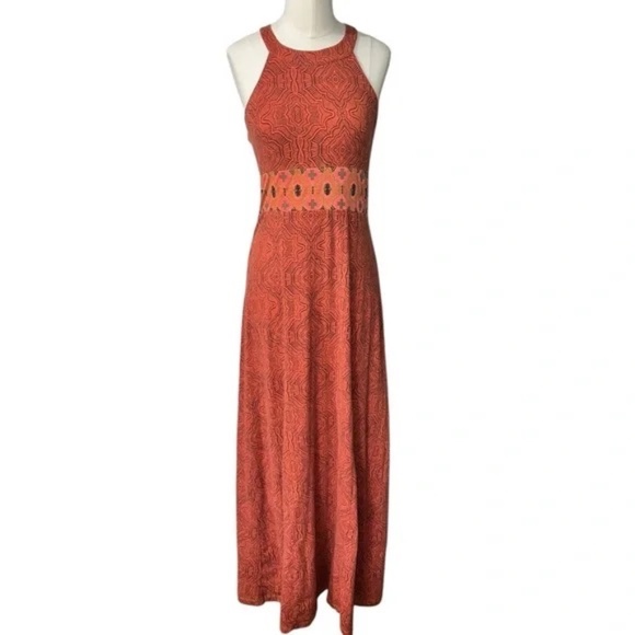 PRANA - Women's Small Orange Printed Skye Maxi Dress Halter Built in Shelf Bra - Picture 1 of 4